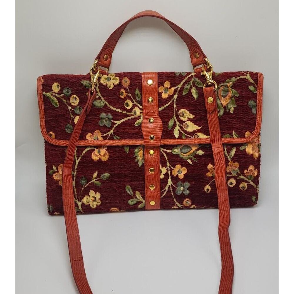 Nicole Miller Collection Floral Corduroy Satchel LARGE Maroon Top Handle Bag